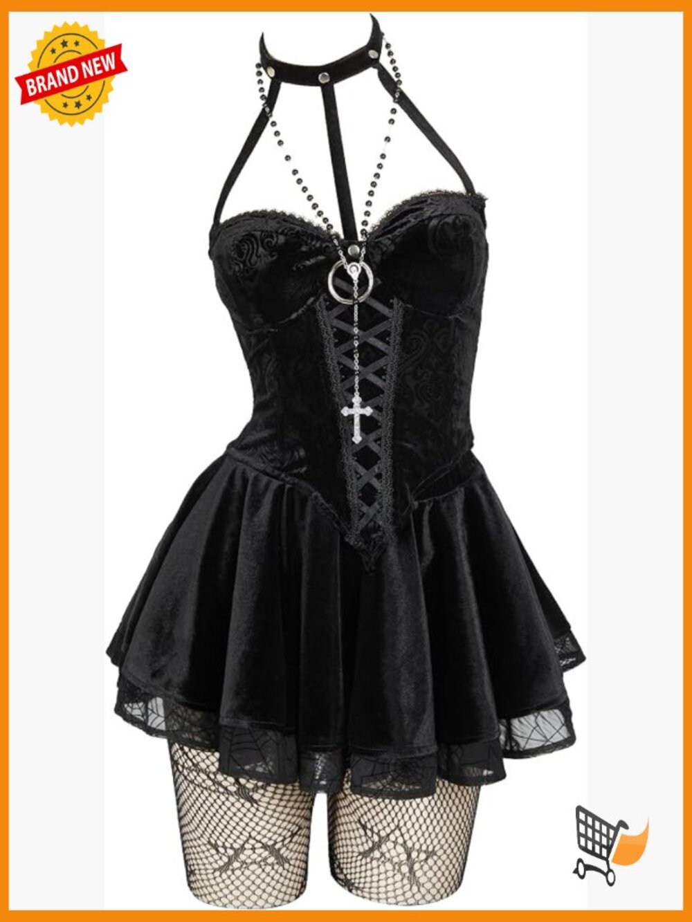 Gothic Corset Top Skirt Set with Net Stockings and Sleeves